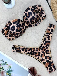 Leopard biustonosz kubek Bikini Push Up strój kąpielowy damskie stroje kąpielowe kobiety dwa kawałki zestaw Bikini Triangle kąpiel Bandeau strój kąpielowy strój kąpielowy