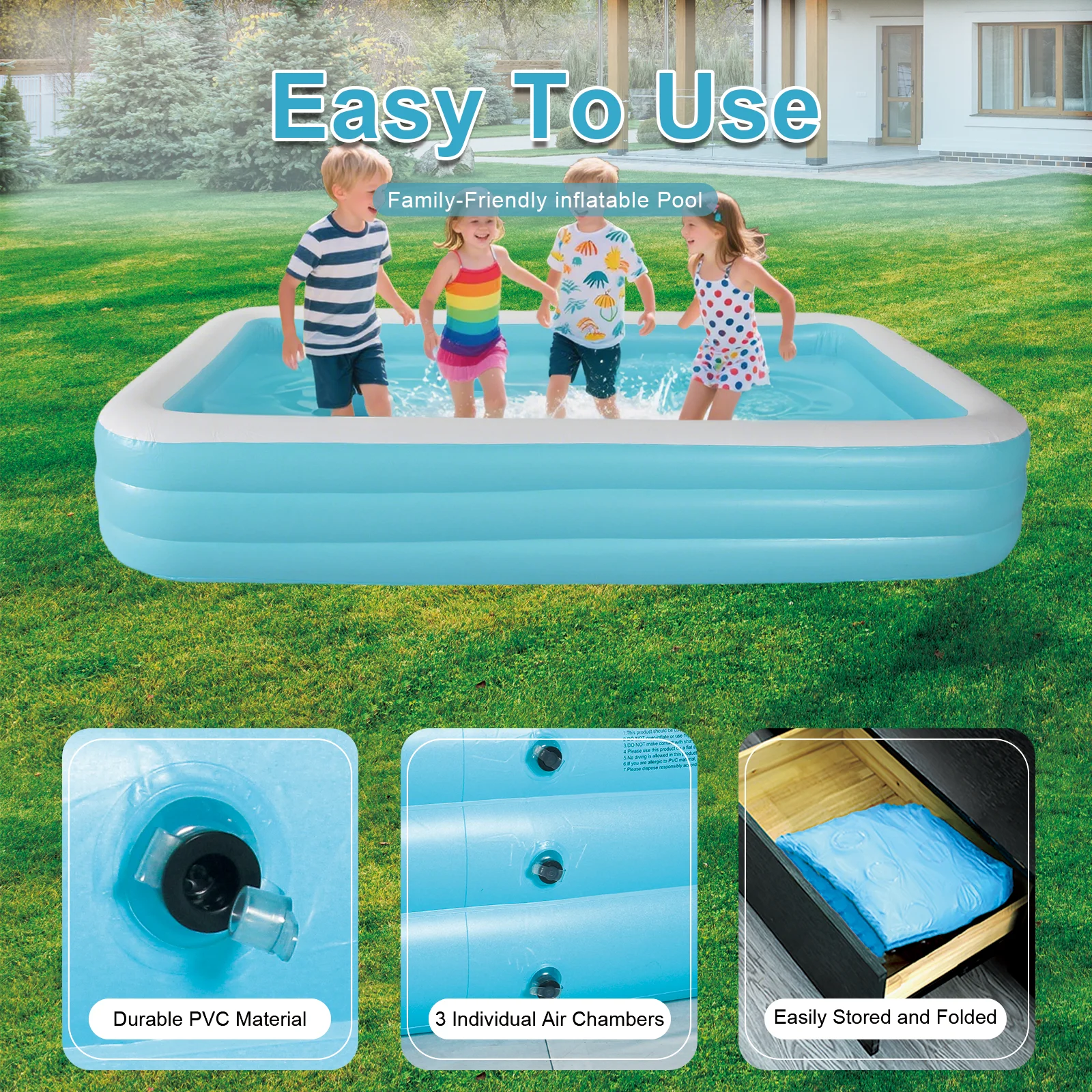 풍선 수영장, 직사각형, 파란색, 야외 정원 뒷마당 물 파티, 어린이 성인 가족용