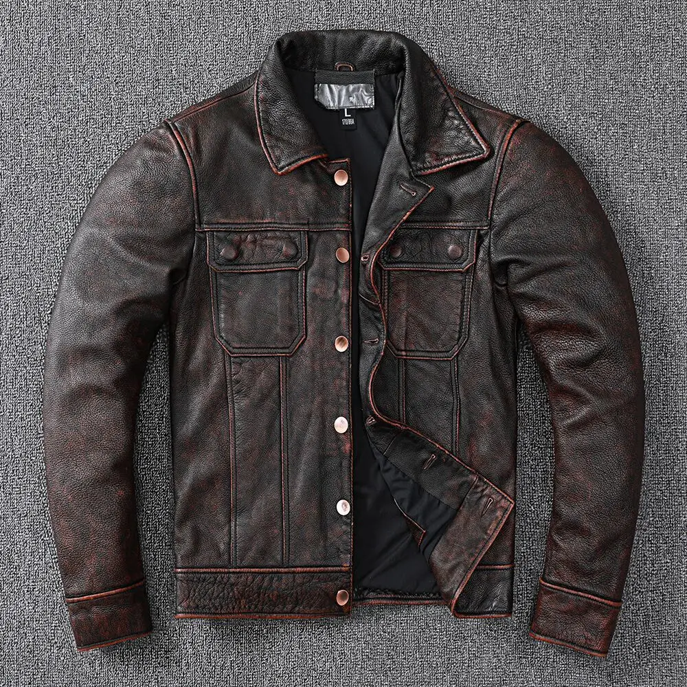 Vintage New Brown Workwear Cowboy Genuine Leather Jacket Natural Cowhide Coat Men's Stone Mill Old Style Clothes