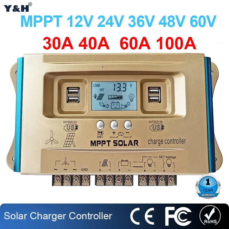 Y&H 30A 40A 60A 100A Wind Solar Hybrid Controller MPPT LCD Dual USB 12V 24V 36V 48V 60V Battery Charging Regulator