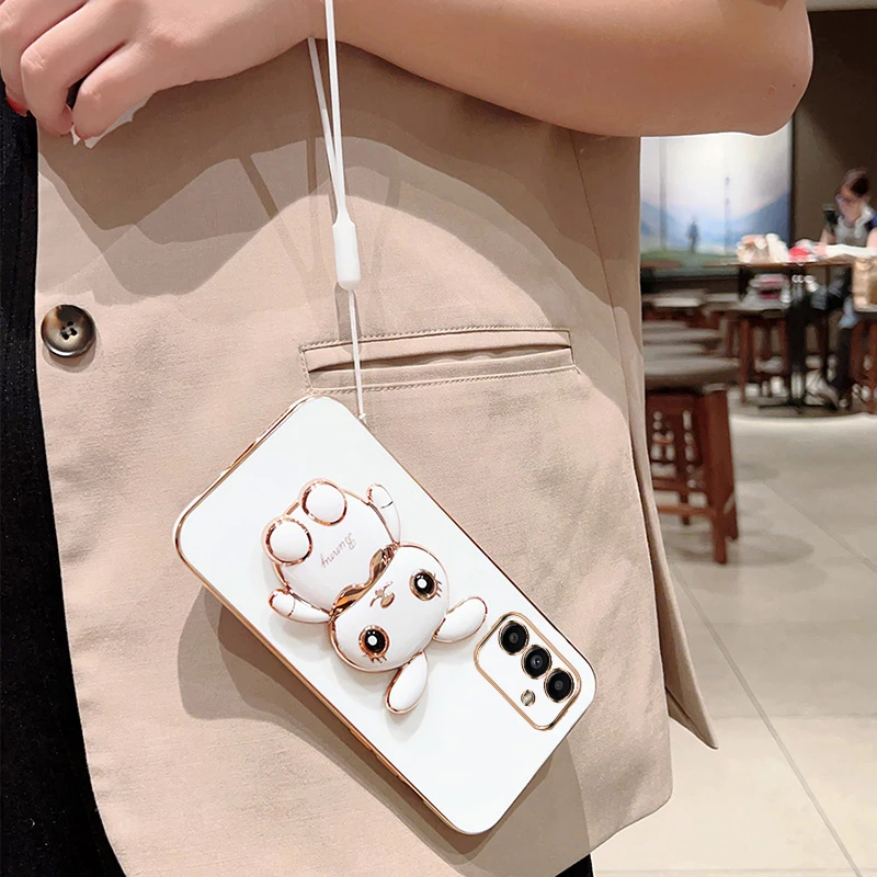Cute Cartoon Rabbit Fold Stand For Samsung Galaxy A14 5G Phone Case With Lanyard Luxury Plating Cover image 4