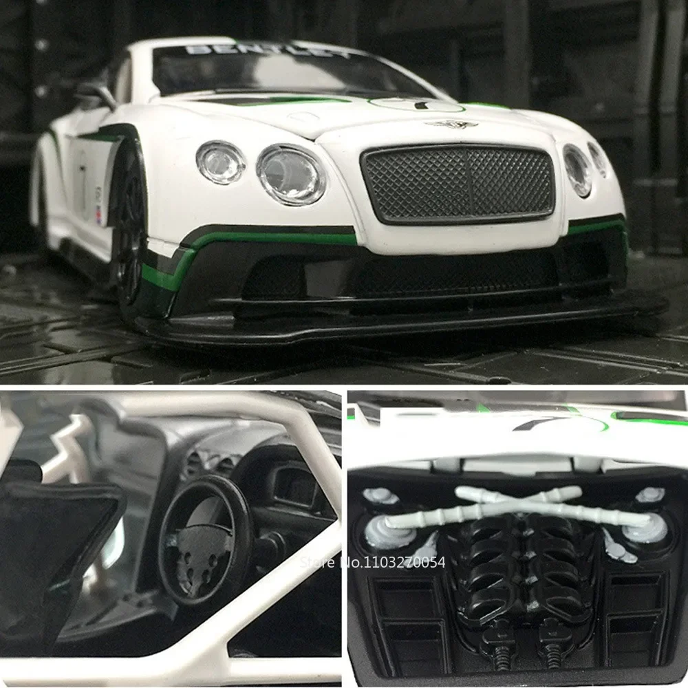 1:24 BENTLEY Continental GT3 Model Toys Car Diecast Metal Racing Sound Light Pull Back Door Open Rubber Tire Birthday Present