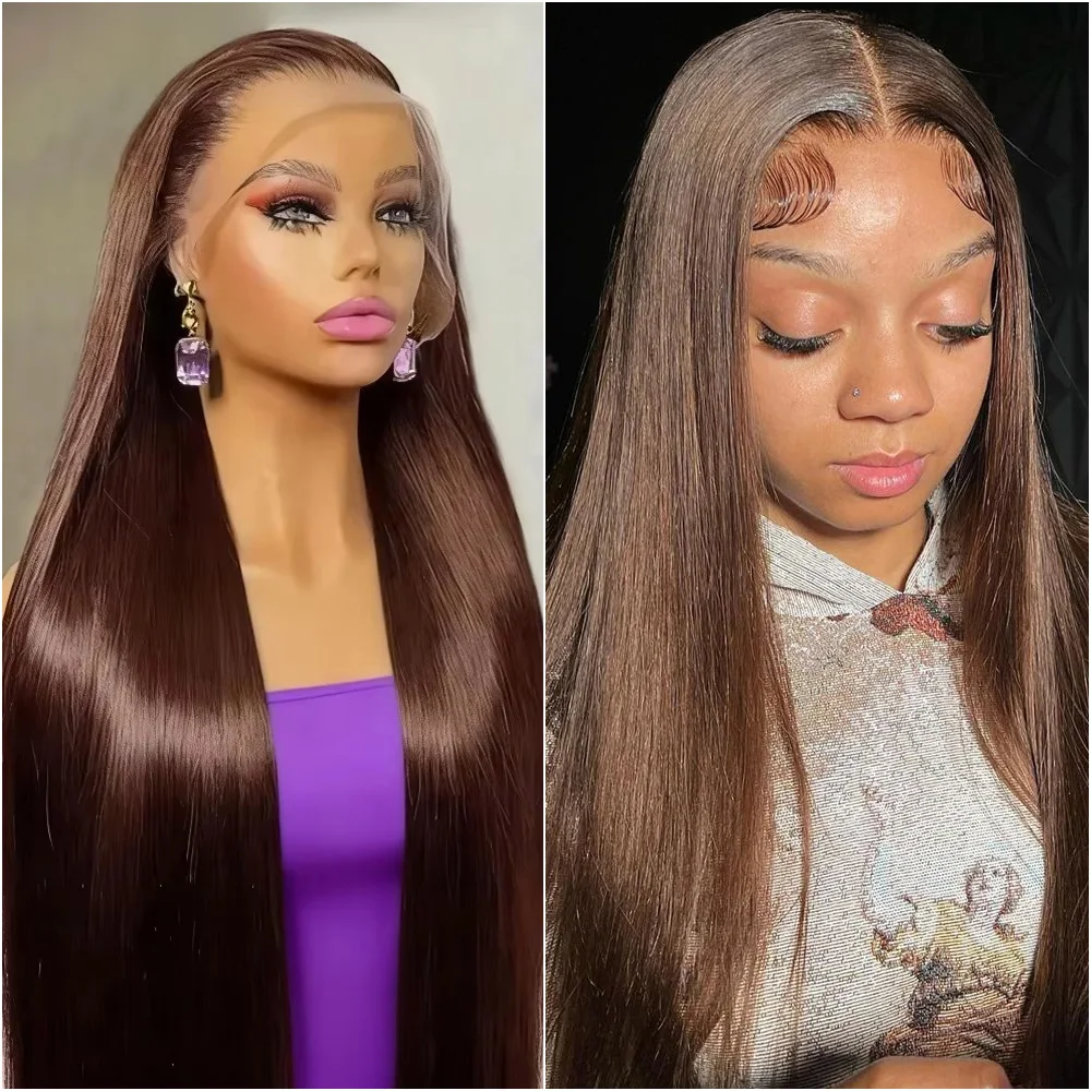 

Шоколадно-коричневый прямой парик с HD-кружевной передней частью 13x6, бразильские окрашенные парики из натуральных волос с кружевной основой для женщин, предварительно прорезанные, 40 дюймов