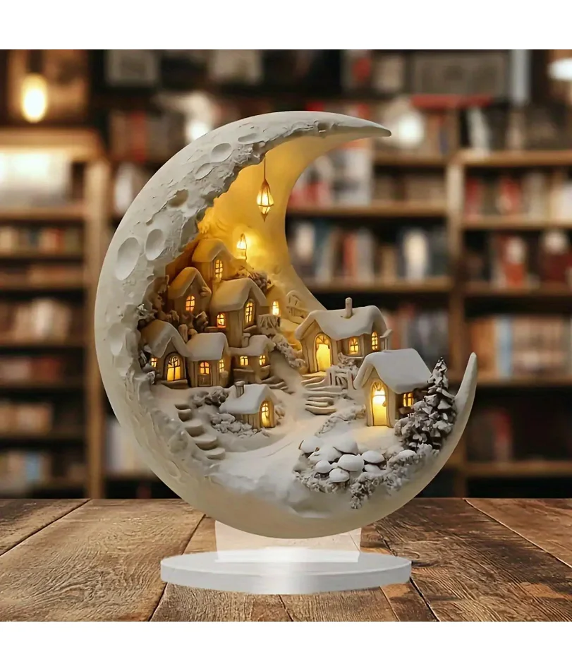 

2D Snow House in The Moon Table Sign Holiday Season Decor Decorative Acrylic