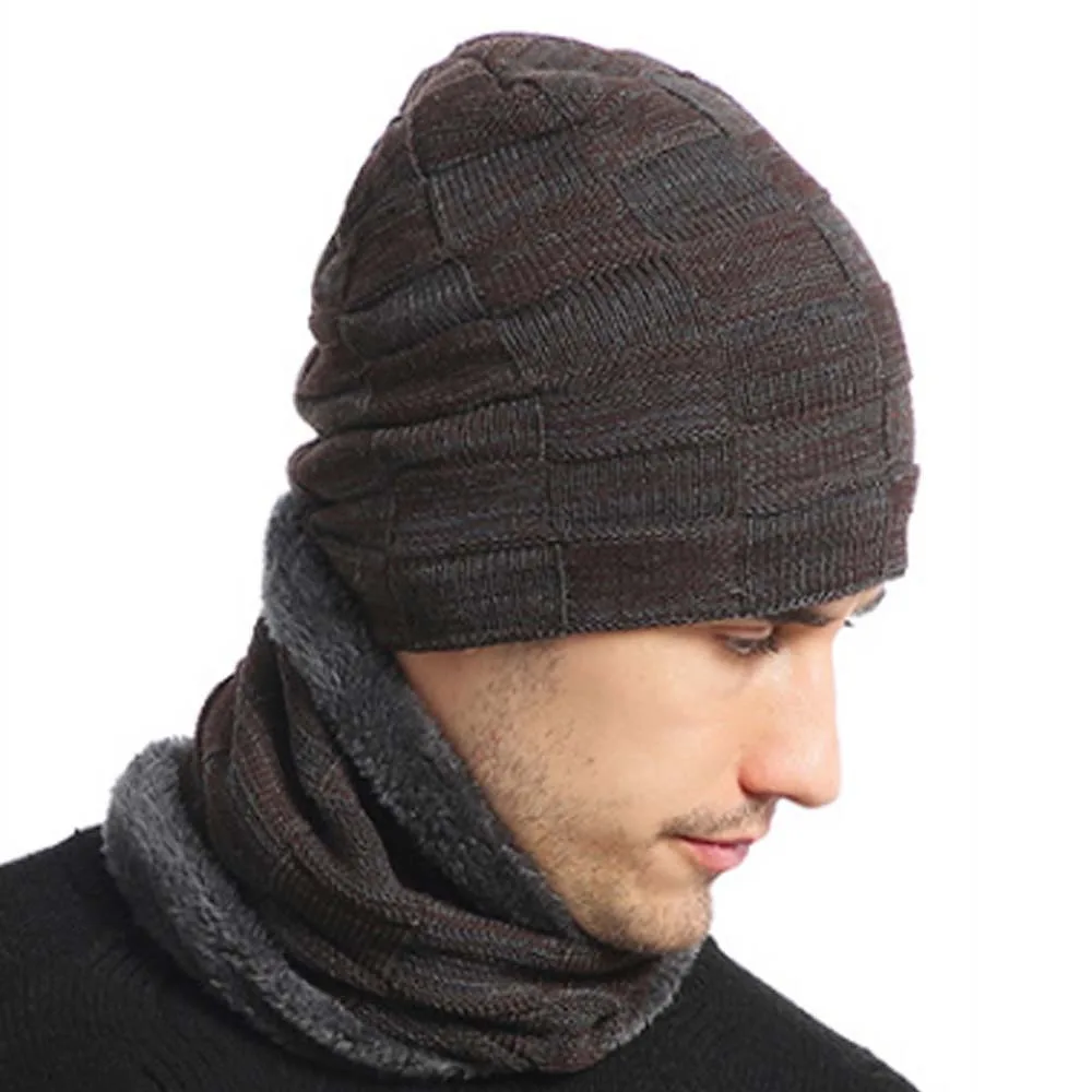 Fashion Acrylic Fibres Men Scarf and Hat Set Elastic Soft Woolen Hat Solid Color Thickened Pullover Cap Outdoor