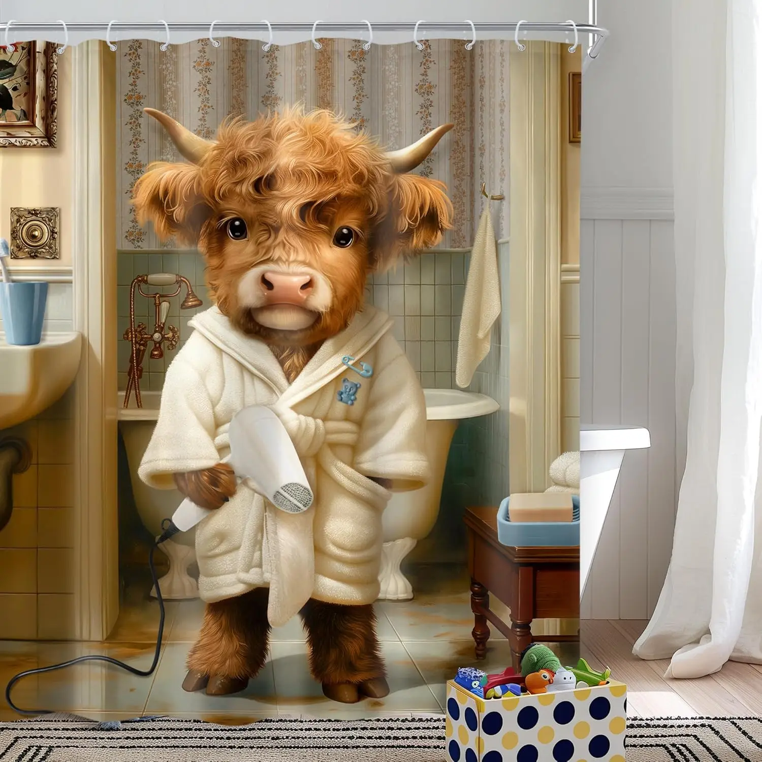 

Funny Highland Cow Shower Curtain Cute Farmhouse Rustic Animal Bull Bathrobe Hair Dryer Western Country Bathroom Decor Gift
