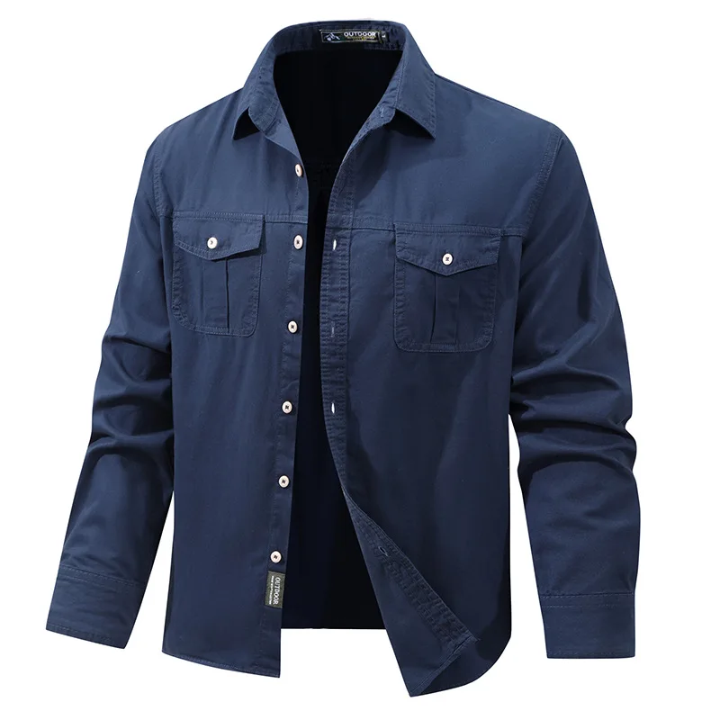 New Spring Men Outdoor Long Sleeved Multi Pockets Cargo Shirts Quality Man Cotton Loose Tooling Shirts Male Casual Shirts 5XL