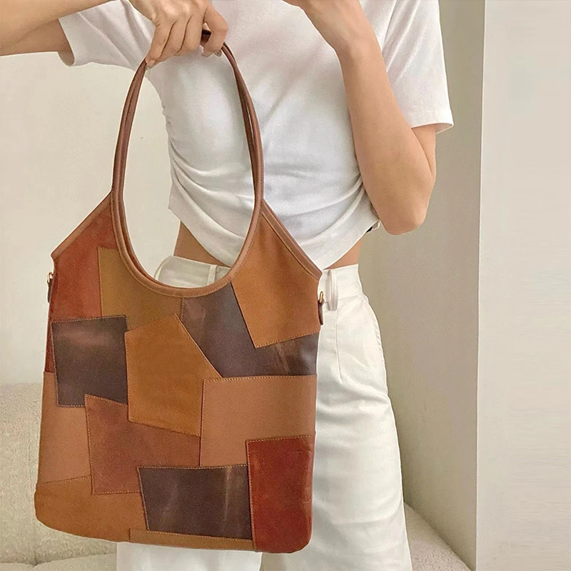 New High Quality Patch Bag Luxury Brand Contrast Color Bowling Bag Gold Chain Stitching Layered Cowhide Briefcase Shoulder Bag - Image 3