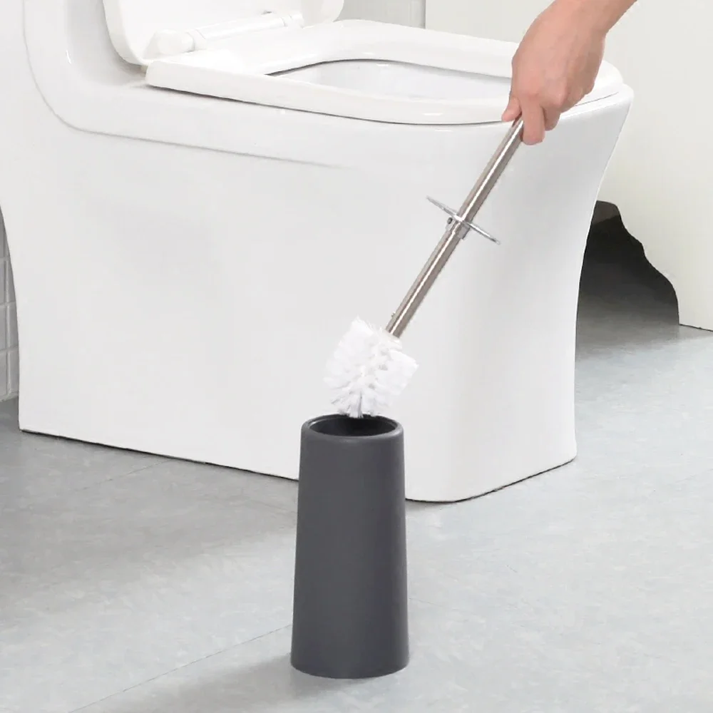 European black and white bathroom stainless steel toilet brush holder straight handle brush corner cleaning toilet brush set