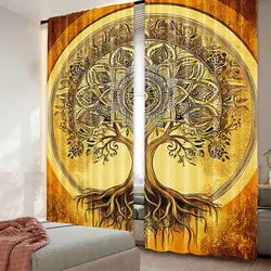 2Pcs Boho Curtain Oriental Atmosphere Warm Tone Ornate Life Tree With Warm Hues For Bedroom Living Room Dining Room And Bathroom