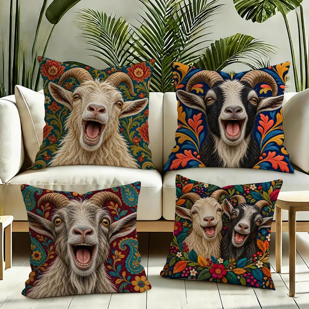Grinning Goats Cushion Cover Silky Short Plush Invisible Zipper Dustproof Sofa Pillow Case for Home Decor