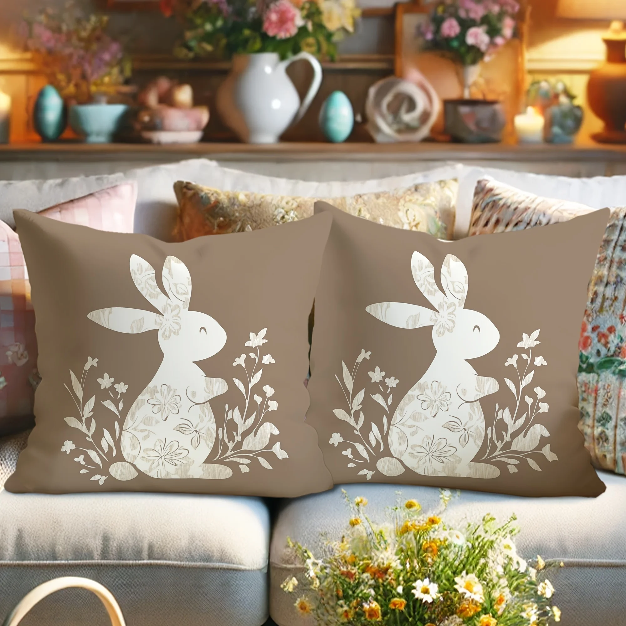 2Pcs Easter  Pillow Covers , Soft Beige Velvet, White Rabbit Floral, Rustic Spring Decor for Sofa Bedroom Living Room