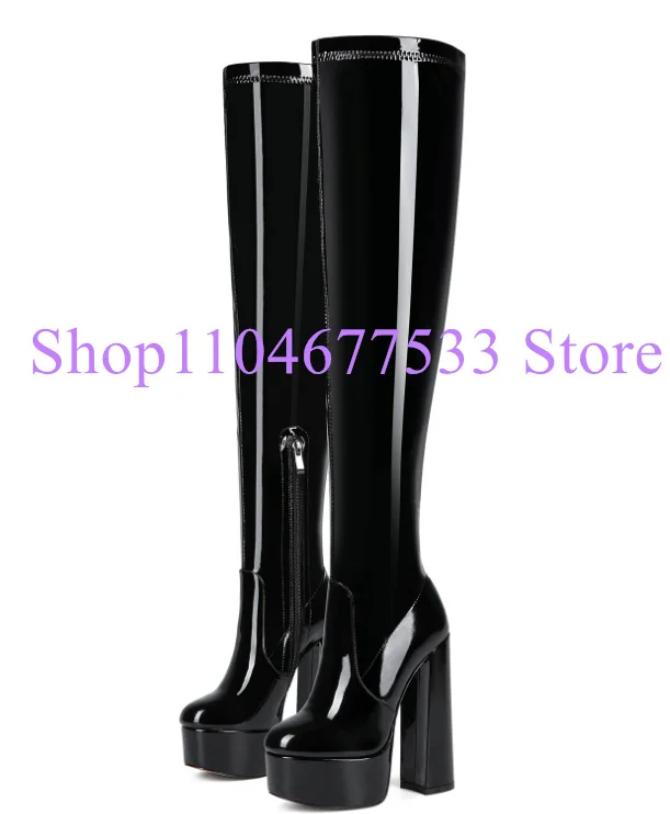 

Black Patent Leather Chunky Heel Woman Long Boots Fashion Thick Heel Lady Platform Over the Knee Boots Sexy Large Size Shoes