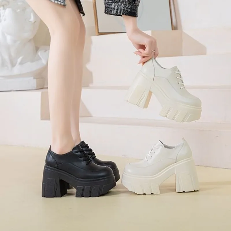11CM High Heels Women\'s Shoes 2026 New Genuine Leather Lace-up Women\'s Shoes Platform Fashion Spring Women\'s Shoes