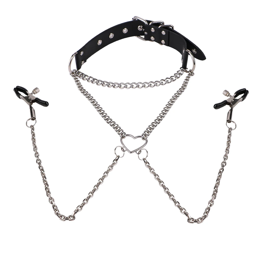 COLMISS Nipple Clamps Leather Collar Breast Clamp With Collars Choker Metal Chain Chest Clips Adult BDSM Sex Toys For Women