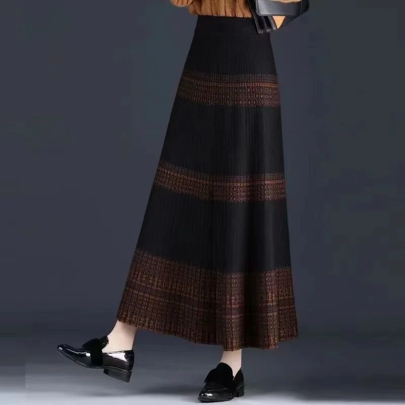 

2024 New Autumn Winter Knitting Skirt Women High Waist A-line large Swing Skirt Female Knitt Long Skirts