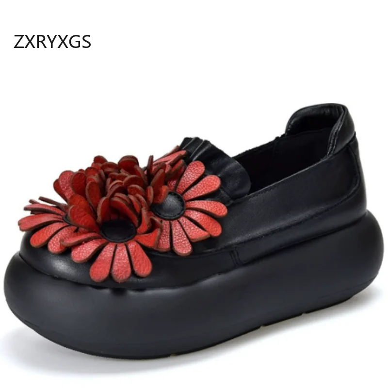 ZXRYXGS 2025 Autumn Premium Pu Leather Spell Colors Flowers Shoes Platform Mid Heel Elevator Shoes Fashion Elegant Banquet Shoes