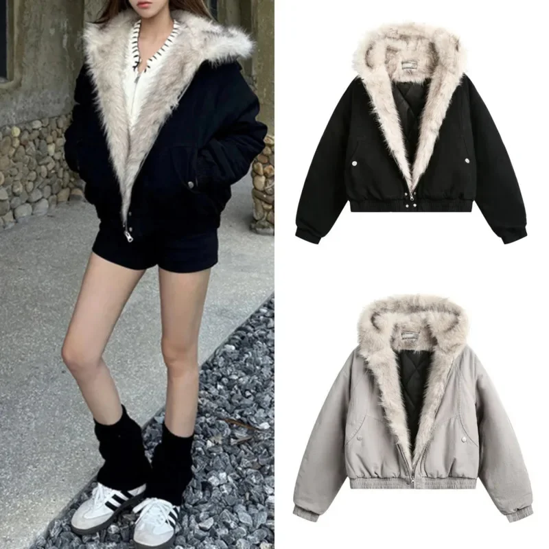 Y2K Aesthetic Carved Fur Collar Hoodie Jacket Women Fashion European American Hooded Short Thick Cotton Jacket Trend Top Men New
