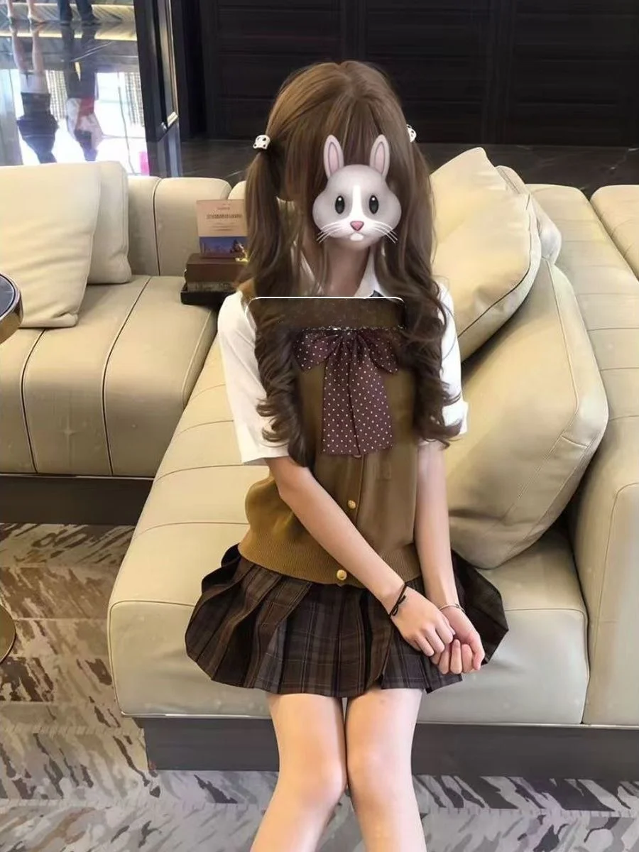 

Карамельный полосатый вязаный жилет-топ без рукавов, комплект униформы, женская модная одежда для многослойного ношения, рубашка с коротким рукавом в студенческом стиле