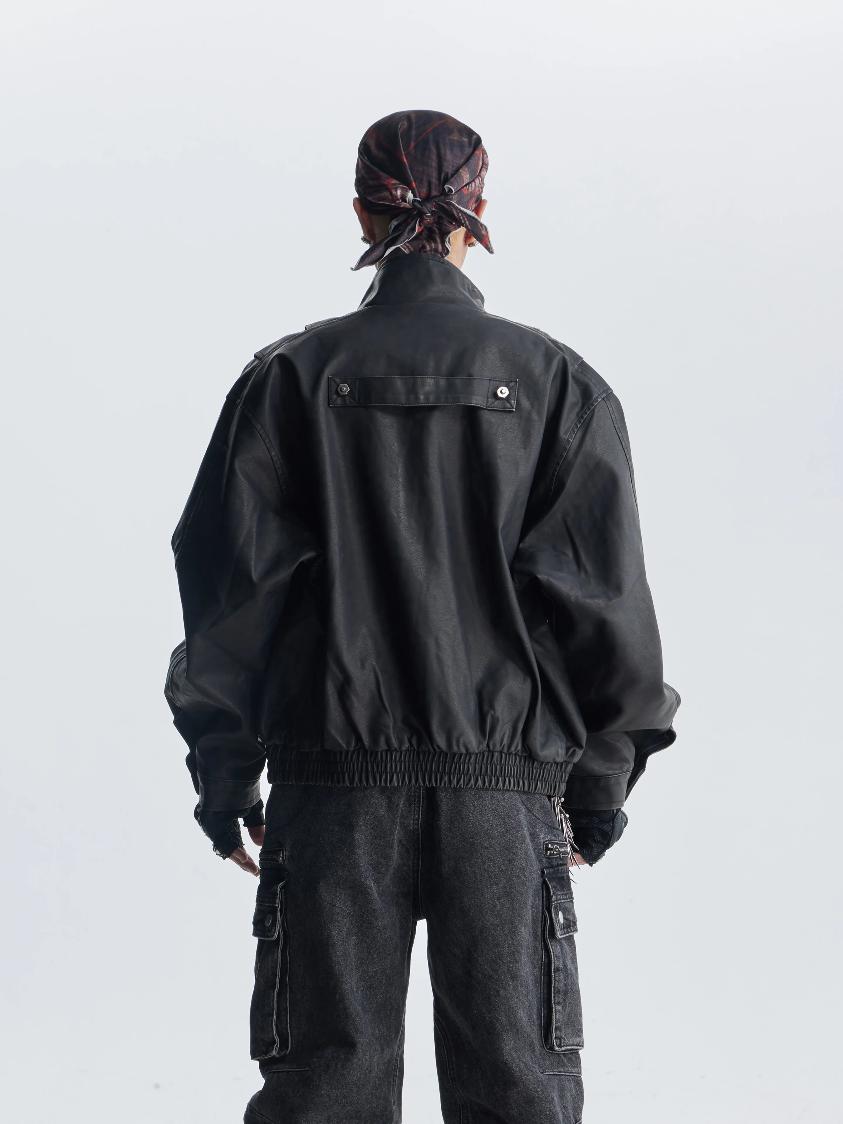 Dark Three-Dimensional Cutting Piece Deconstruction Patchwork Stand-up Collar Belt Loose Zip Leather Jacket Coat