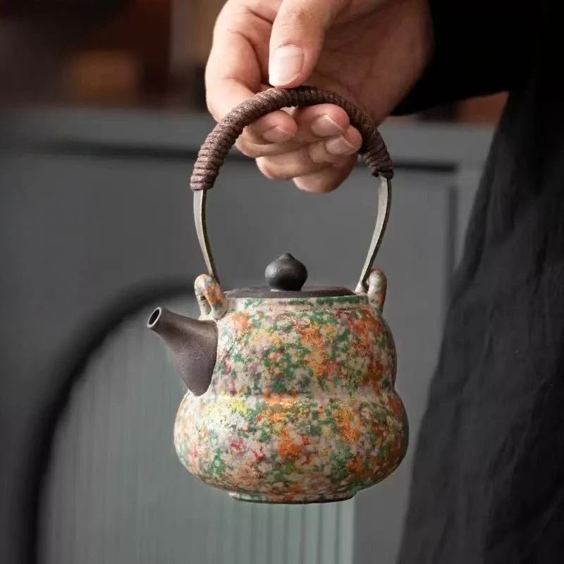 

225ML Rock Painting Time Fulu Beam Pot Antique Teapot Retro Tea Maker Household KungFu Hemp Rope Beam Tea Kettle Craft Ornaments