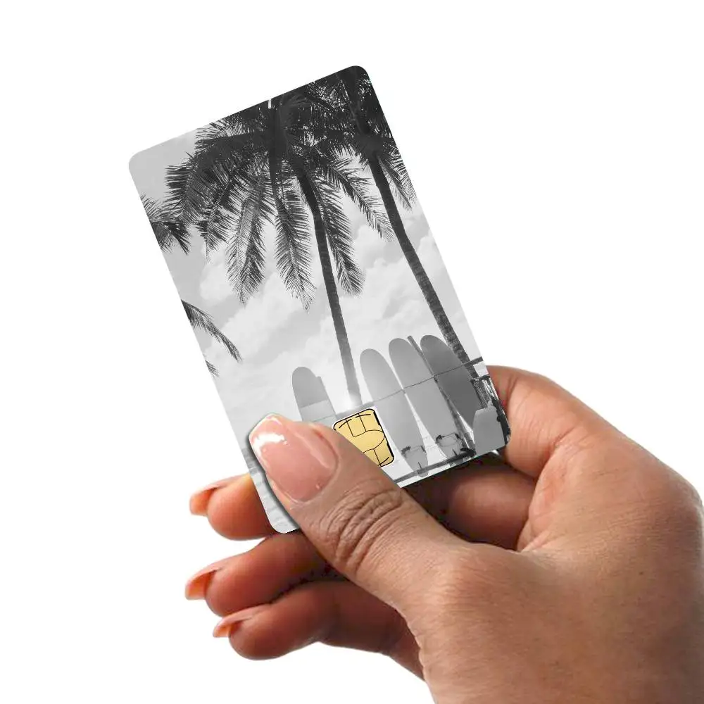 1pc Black And White Palm Tree Beach Landscape Anmie 4pcs 1Set Sticker Film Skin Cover for Credit Card Debit Bank Card Front view 6