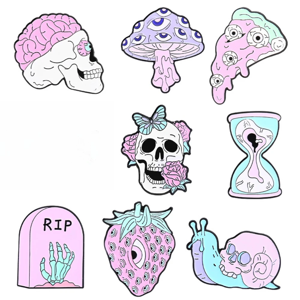 Horror Fruit Butterfly Skeleton Pin Strawberry Mushroom Head Skeleton Mask Pins Personalized Funny Pin Alloy Oil Dripping