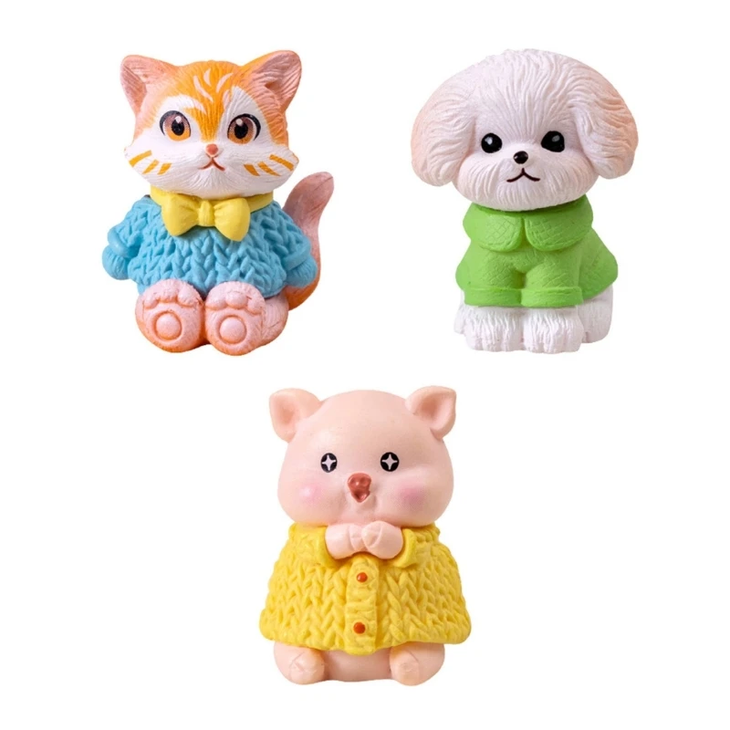 Enchanting Small Animal Decors Ornaments 3Pcs Cartoon Cats Dog Pig Collection Miniature Figurines for Garden Landscape