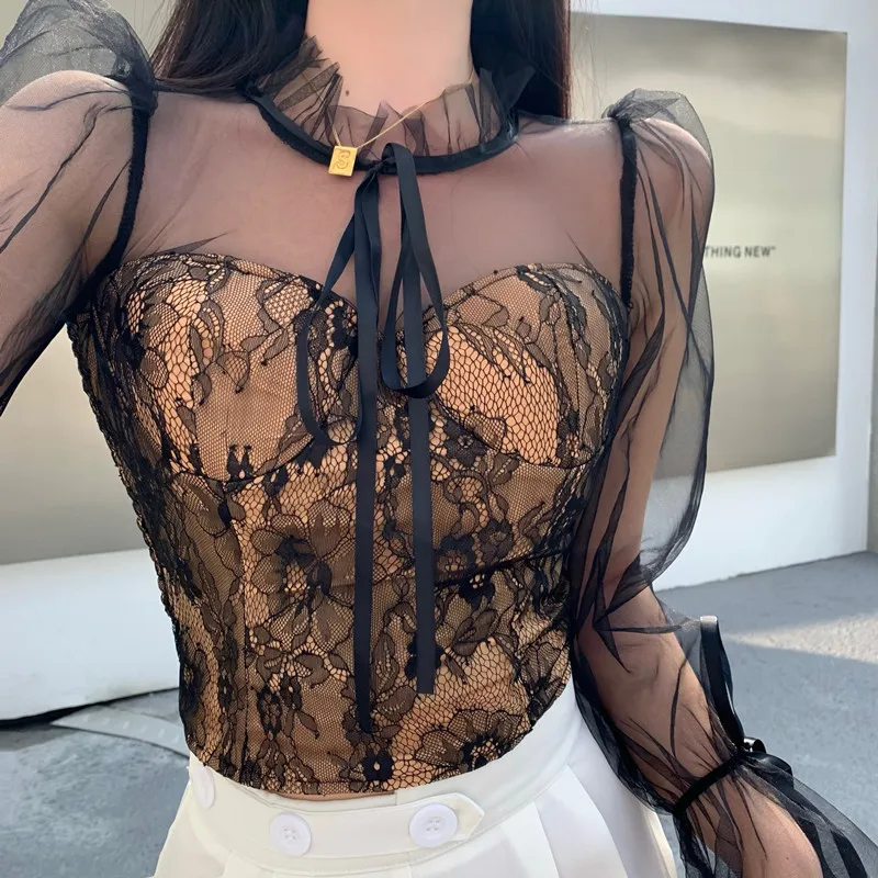 Spring Summer Chic Mesh Patchwork Blouse For Women Streetwear Long Sleeve O Neck Lace Crop Shirt Top Lady Slim Blouse