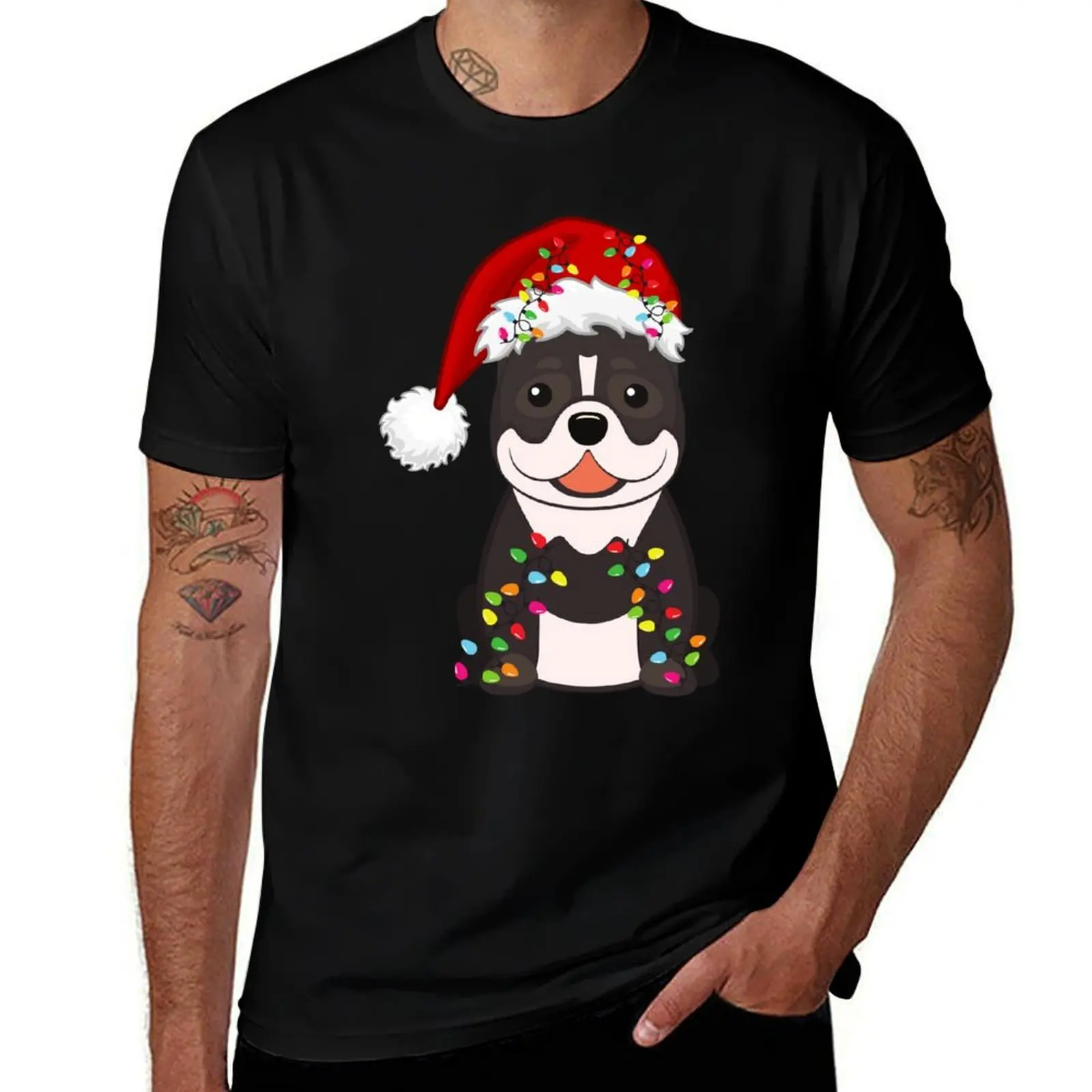 Pitbull Holiday Christmas Light - Funny Pibull Lights Christmas in Santa Hat Holiday Santa T-Shirt