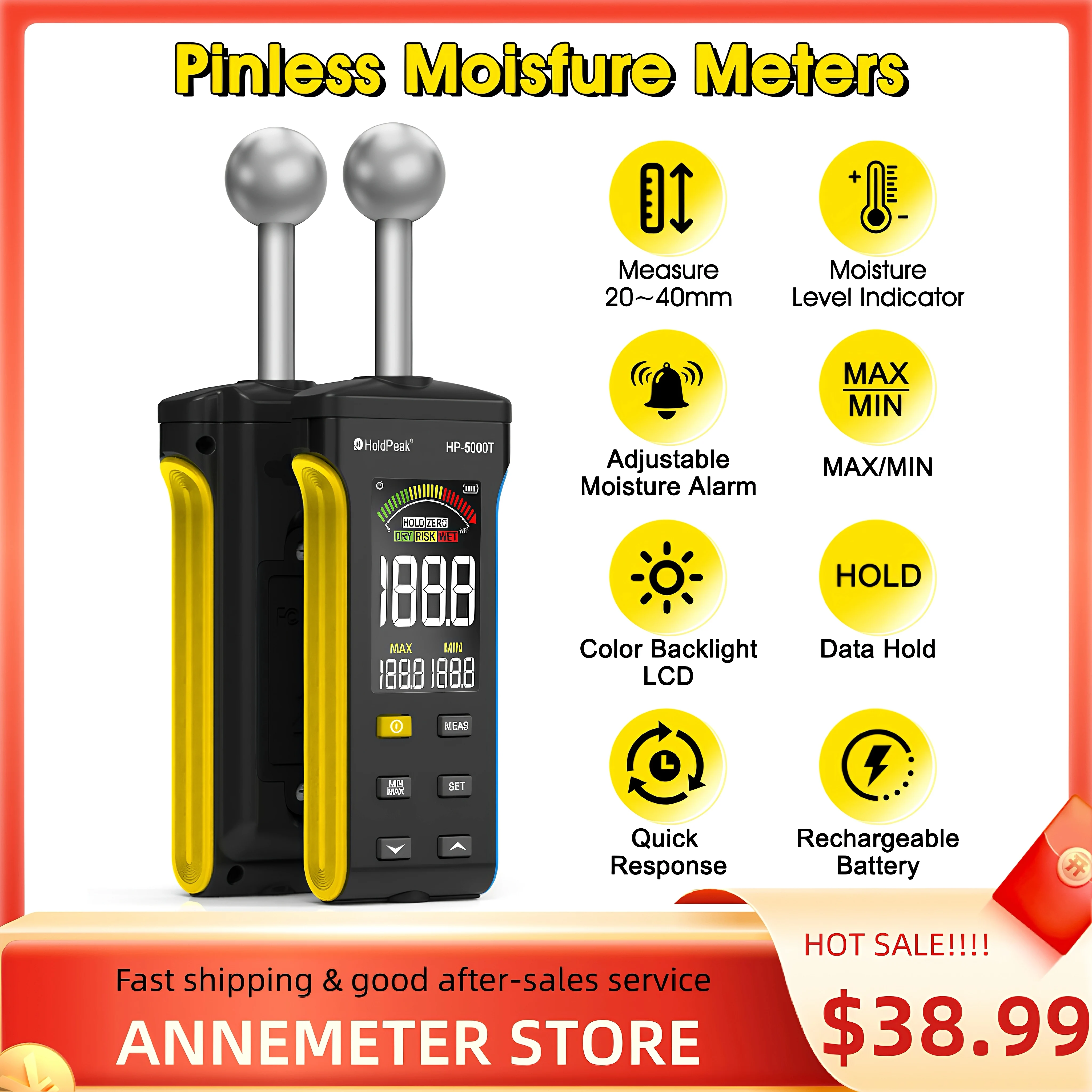 

T-Needle Moisture Meter for Walls, Wood, Masonry & Concrete - LCD Color Display & Alarm, Detects Depths of 20-40mm HP-5000T