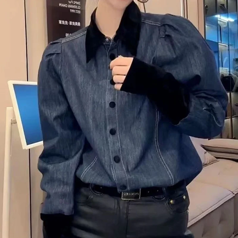 

Женская хлопковая рубашка с отложным воротником, элегантный ковбойский кардиган в стиле пэчворк, универсальный топ с длинными рукавами и пуговицами, весна-осень