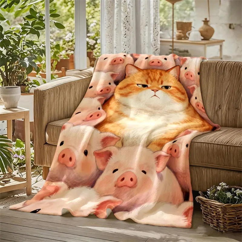 Orange Cat Among Pigs Flannel Blanket Perfect for Sofa Office Bed Travel Sleep Read Relax Camping Four Season Use