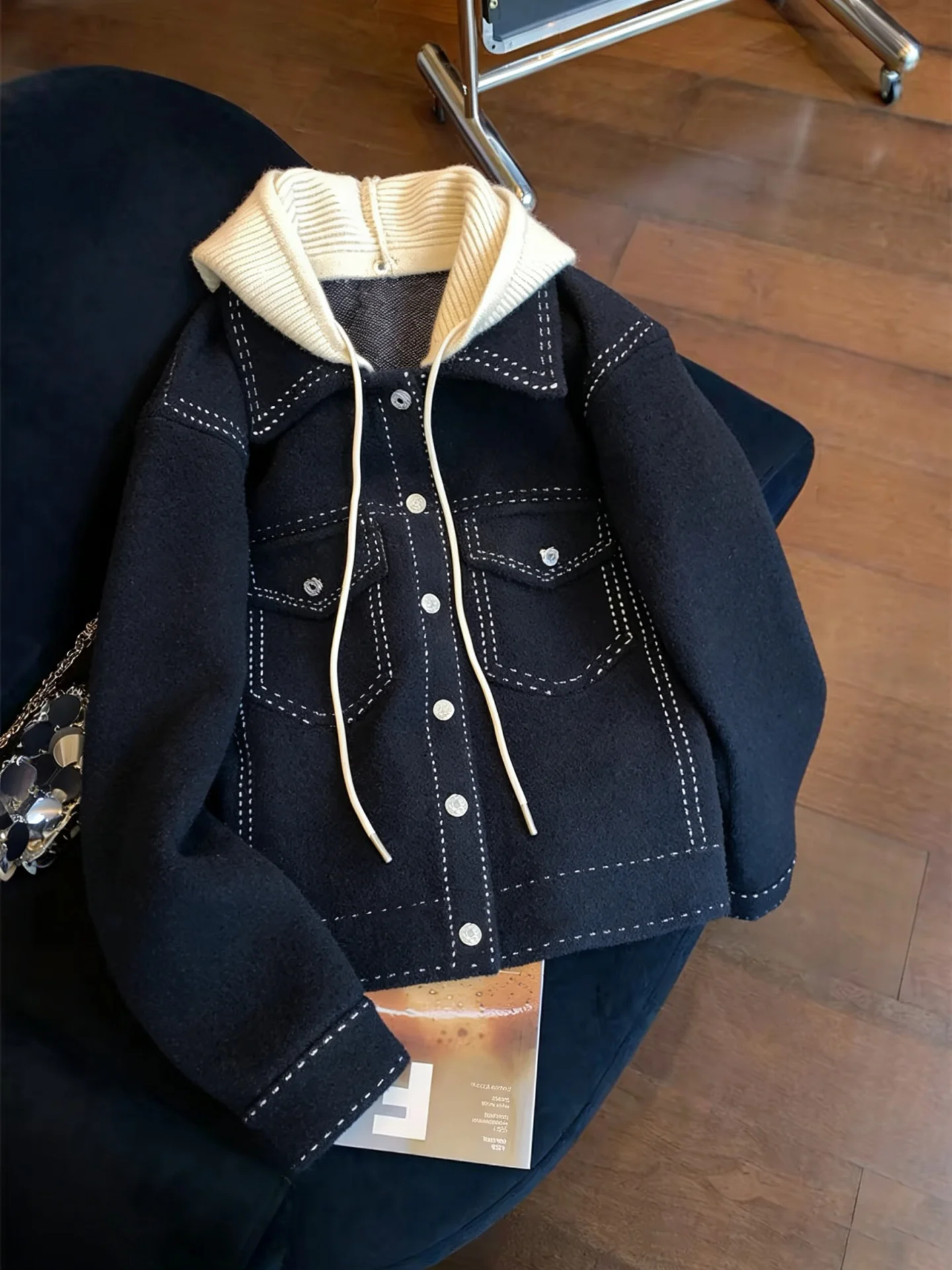 

Korean Design Sense Color Blo Stitching Hoodie Knitted Sweater Coat Women's Faionable Spring Autumn Single Button Cardigan