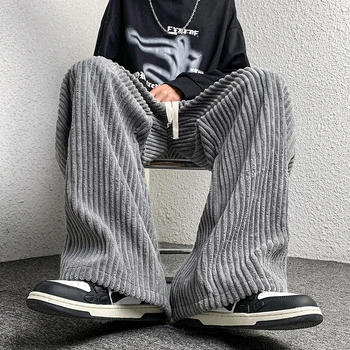 מכנסי קורדורוי לגברים, מכנסיים ישרים בצבע אחיד עם שרוך, מכנסיים רחבים לא-מגדריים בסגנון יפני קז'ואלי לגברים