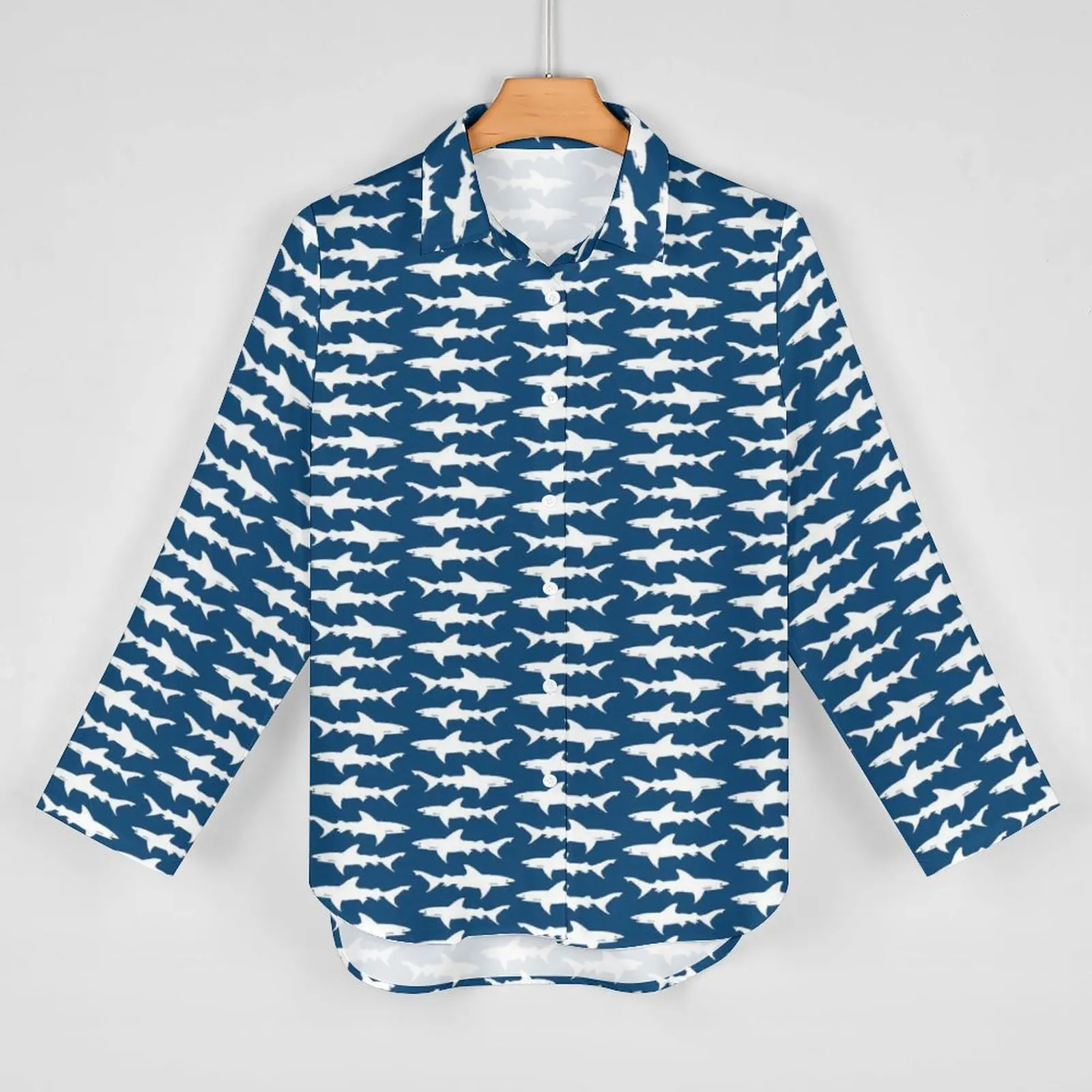 School of Shark Casual Blouse Blue and White Ocean Kawaii Blouses Female Long Sleeve Street Fashion Shirts Summer Oversized Top