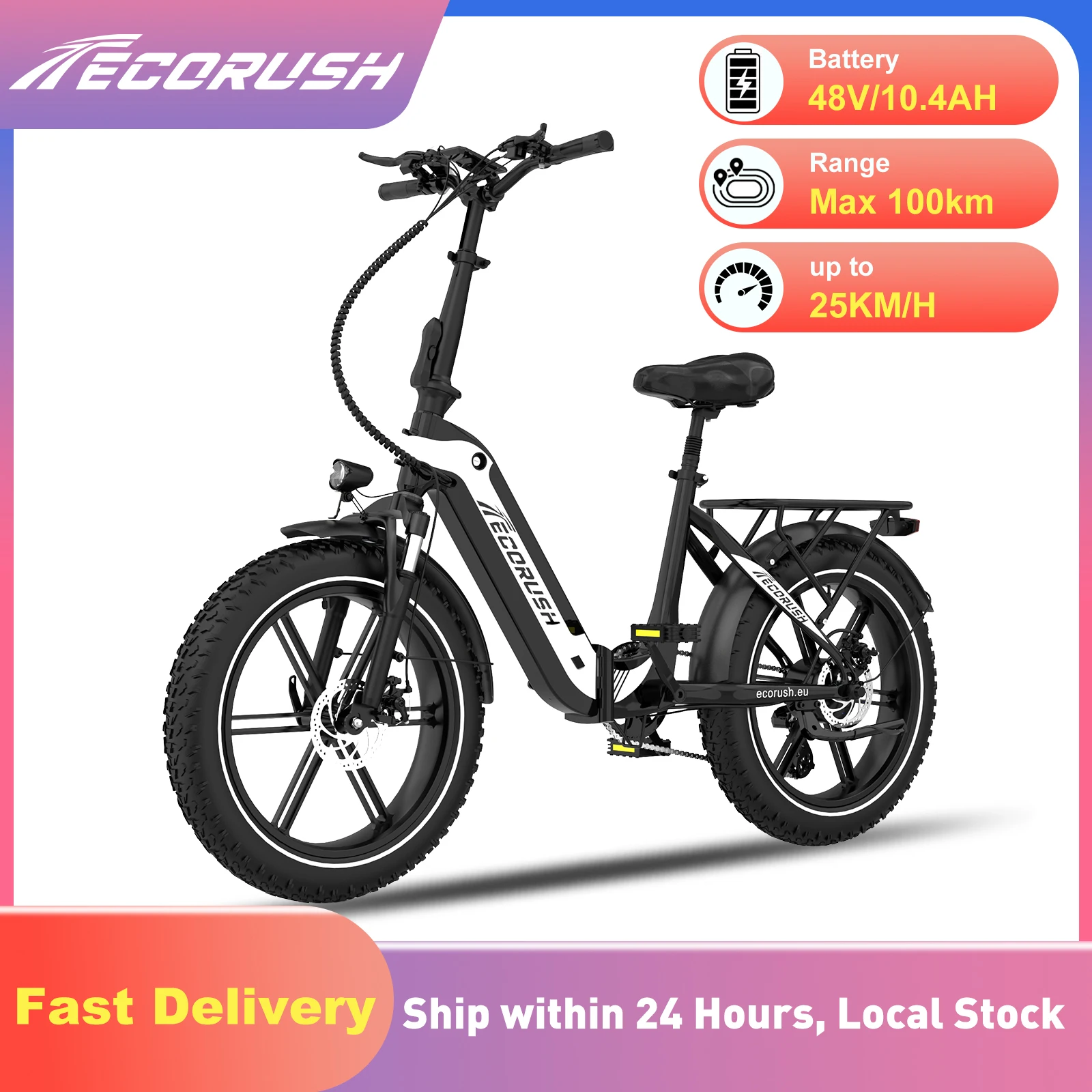 Ecorush Eco R2 Faltbares Elektrofahrrad, 20×4,0 Zoll Reifen, Hochfester Rahmen, 48V 499,2Wh Akku, 7 Gänge, 25 km/h