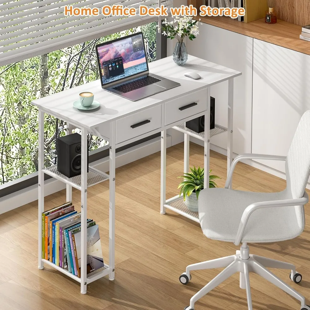 White Computer Desk with Drawers, 37.3 Inch Home Office Work Desk with Storage Shelf, Kids Teens Study Table for Small Space, Sm