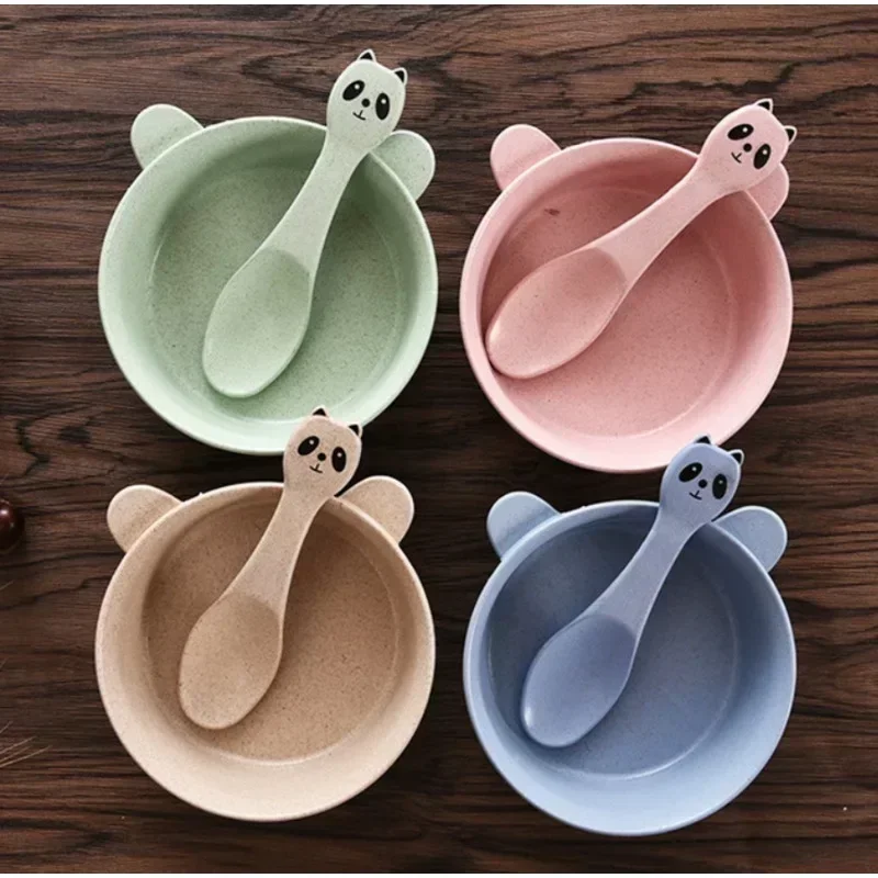 Baby Stuff Cartoon Panda Bowl Spoon Set Wheat Straw Baby Feeding Solid Food Tableware Set Dishes Plates for Food Kitchen Gadget