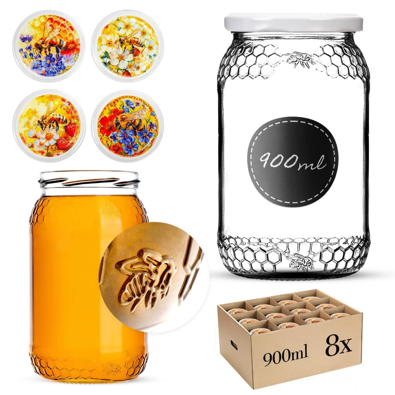 KADAX Glazen Honingpot Met Bijenmotief, Decoratieve Pot Voor Jam En Voorbereide Producten, Schroefdeksel, 82mm 900ml Bijen Op Bloem 8 Stuks