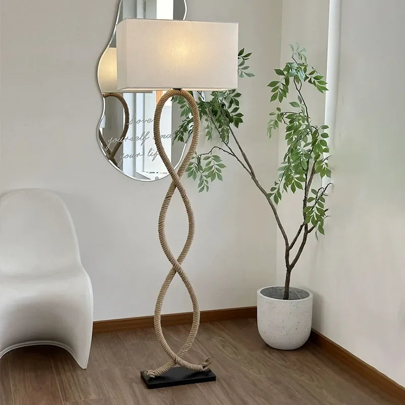 Lámpara de pie Led de cuerda de cáñamo, lámpara de pie Estilo nórdico Retro Wabi Sabi para sala de estar, decoración del hogar, dormitorio, sofá,