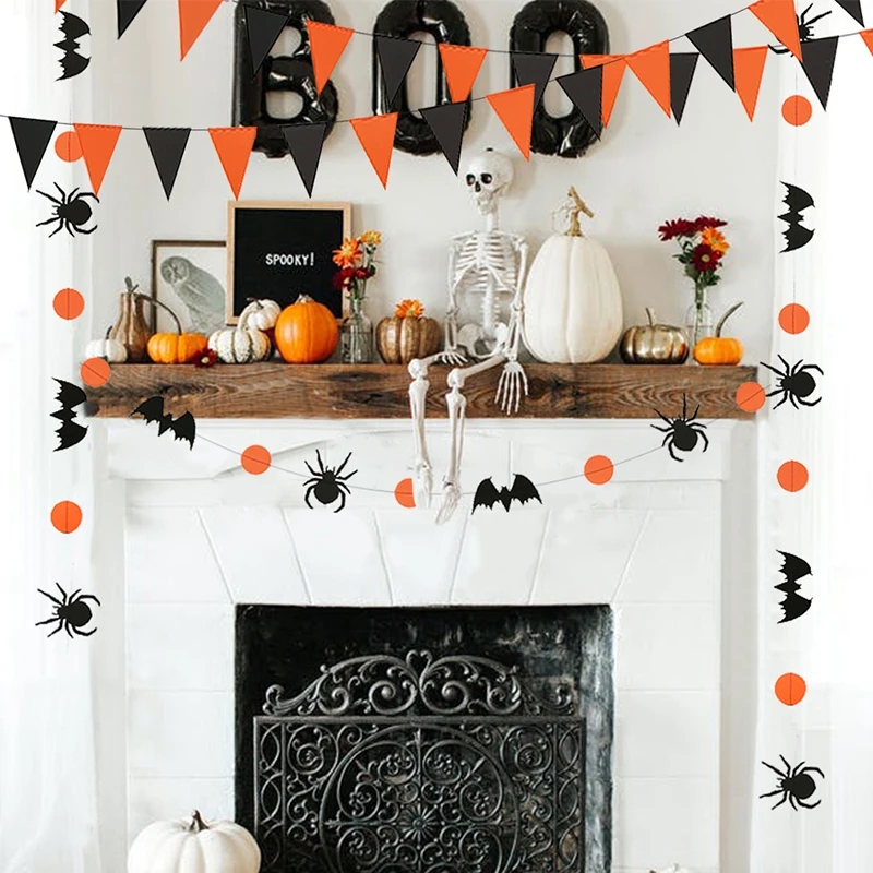 Preto laranja halloween decoração pendurado pontos guirlanda bunting abóbora aranha morcego papel banner corda festa de halloween decoração