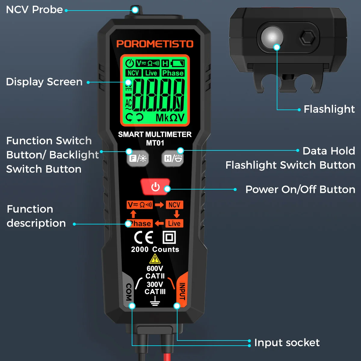 POROMETISTO MT01 Multimetr Inteligentny multimetr cyfrowy Tester napięcia NCV Test przewodu pod napięciem 2000 zliczeń 600 V AC/DC Tester napięcia