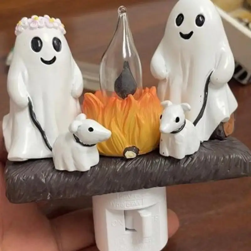 Ghost Campfire Nightlight Halloween Resin Ghost Walking Dog Nightlamp Decorative Nightlight Flameless Candles for Home Patio