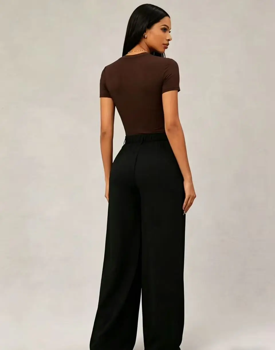 Women Elastic Back Waist Wide Leg Palazzo Pants Loose Floor Length High Waist Drape Casual Straight Trousers With Side Pockets
