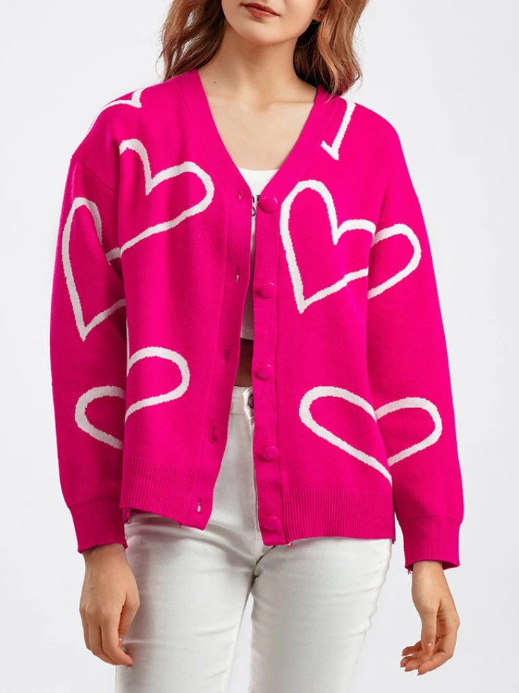 

Casual Sweater Women's Autumn Winter New Style Fashionable Love Printed Fashionable Loose Sweater Knitted Sweater Cardigan