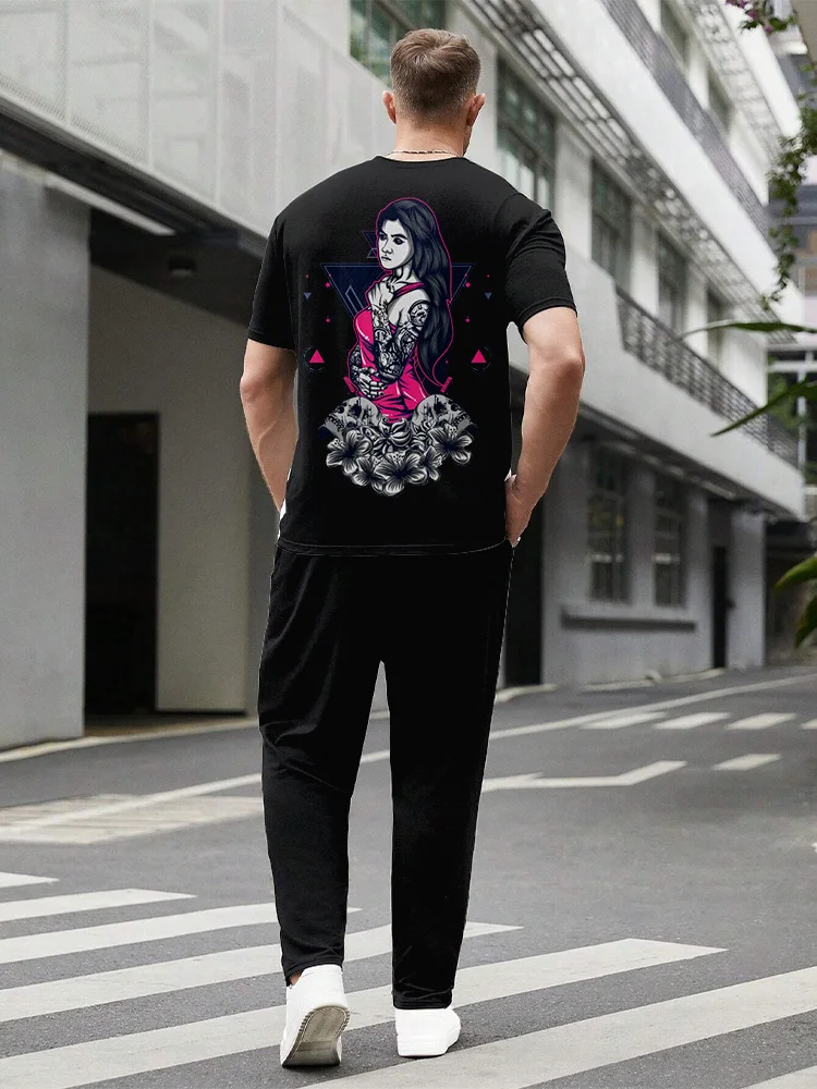 Men's Short Sleeve Long Pants Suit Hip Hop Punk Printed Pattern Round Neck Short Sleeve Suit Men's Outdoor Casual Clothing