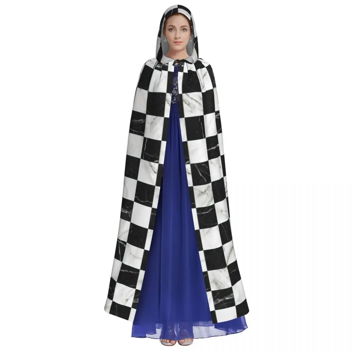 Marble Checkerboard Pattern - Black And White Hooded Cloak Halloween Party Cosplay Woman Men Adult Long Witchcraft Robe Hood