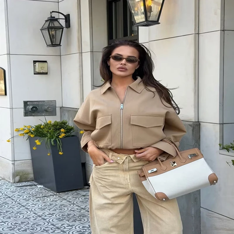 Casual street-style women's jacket, collared zip-up flight jacket, elastic hem, loose oversized short jacket