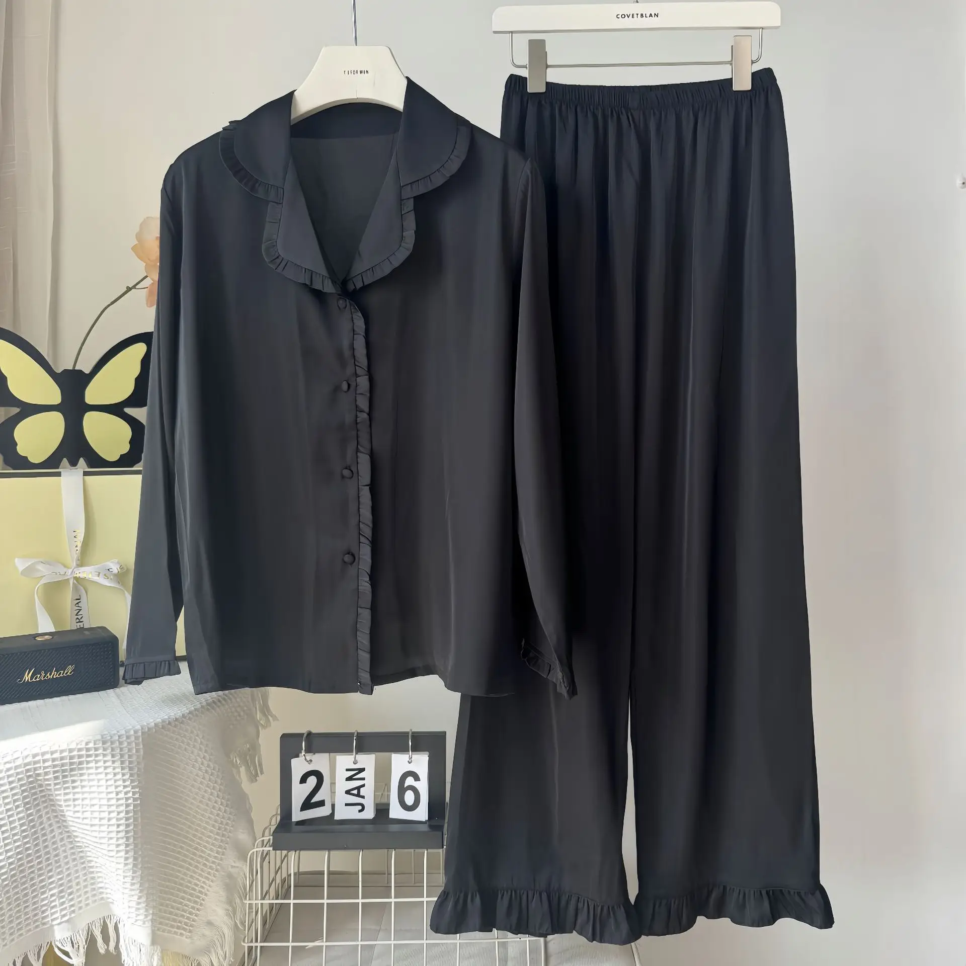 

White Long Sleeve Pijamas Suit Women Sleepwear Pajamas Set Trouser Spring Autumn Silk Satin Home Clothes Lounge Wear